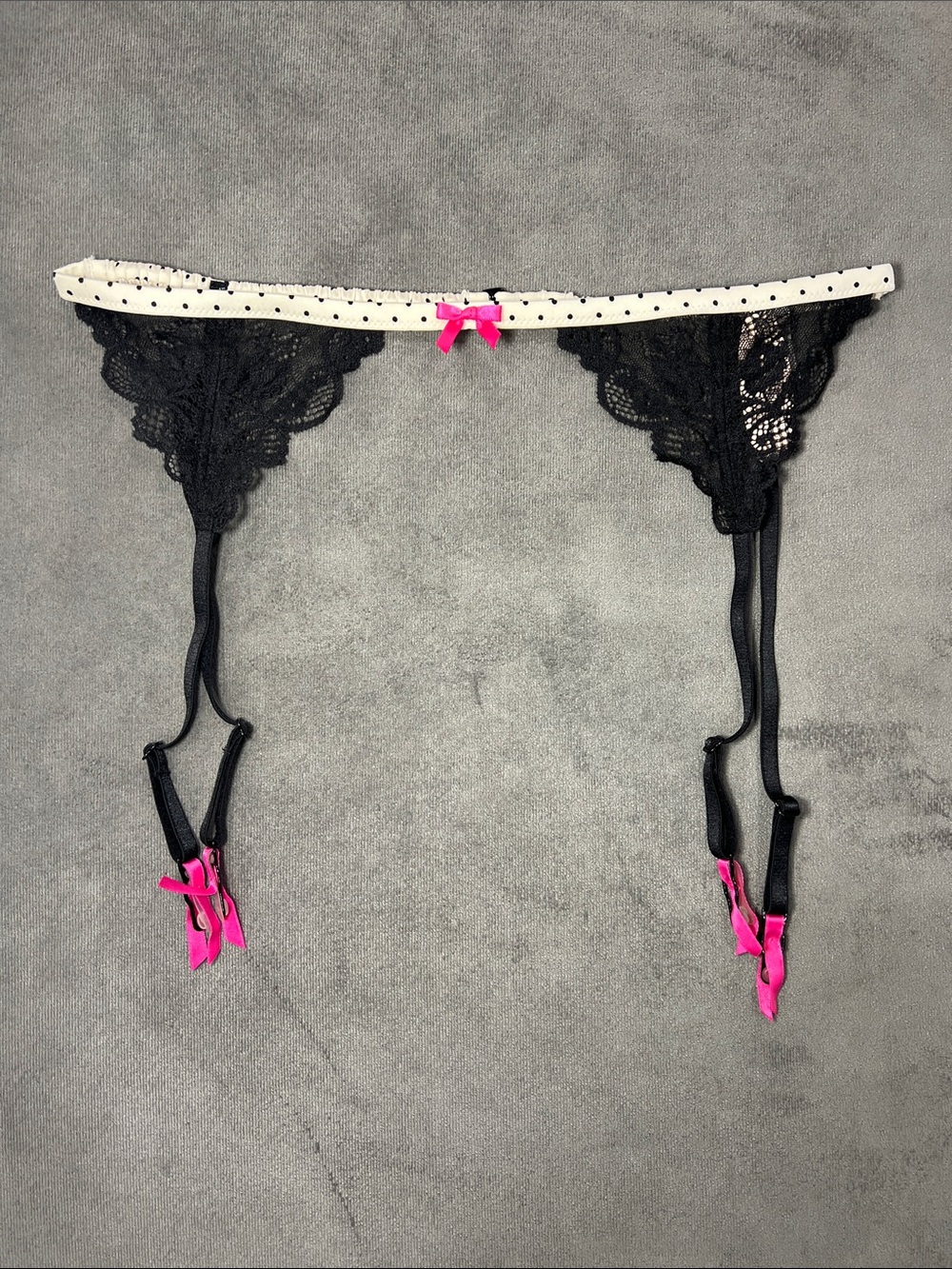 Victoria’s Secret Black Lace Garter Belt with Polka Dots & Pink Accents M/L